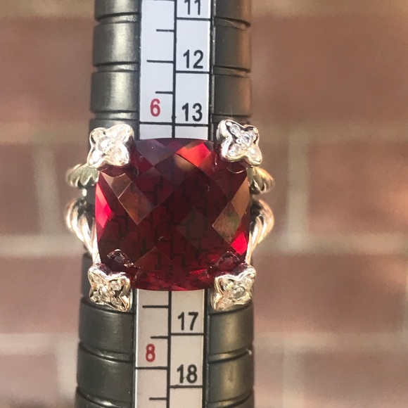 David Yurman S Silver Cushion On Point 14mm Garnet Red & Diamond Ring Sz 6.75 - Picture 8 of 13